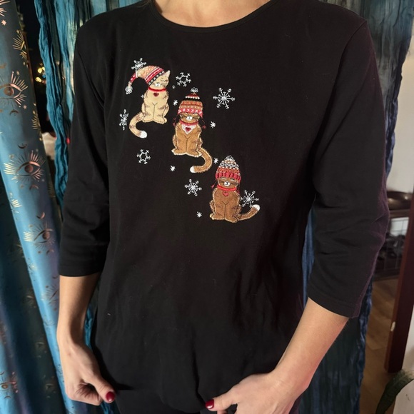 Morning Sun Tops - Embroidered Christmas Cats Large Black Long Sleeve Shirt